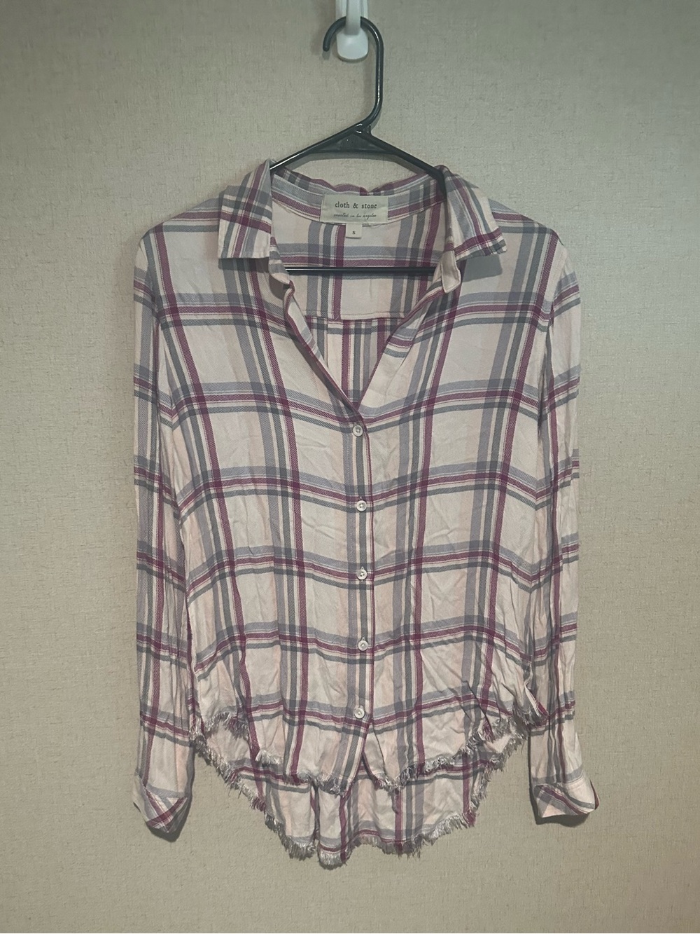 cloth & stone Small Pink Plaid Button-Down Fringe Hem Shirt